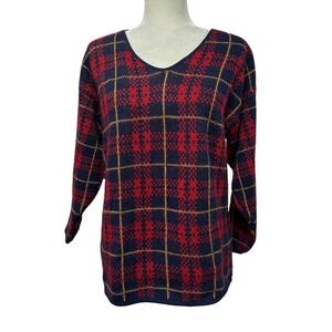 Vtg 90s Womens Grandmacore Pullover Plaid Sweter Long Sleeve Sz L Dark Acdemia